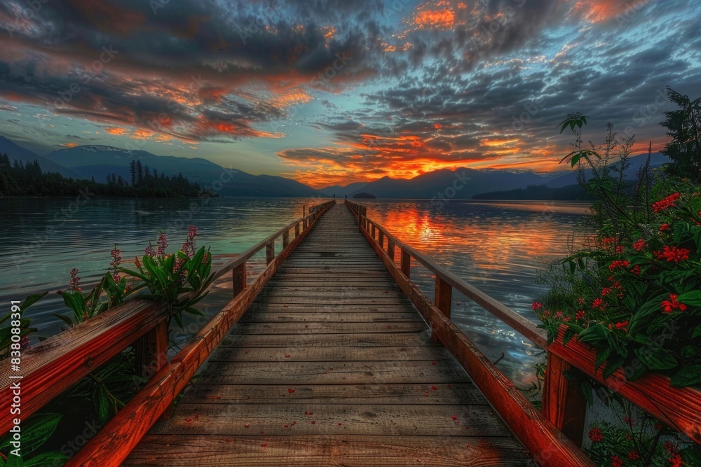 Fototapeta premium The Path. Wooden walking path at One Mile Lake in Pemberton, Canada Abstract Sunrise Sky