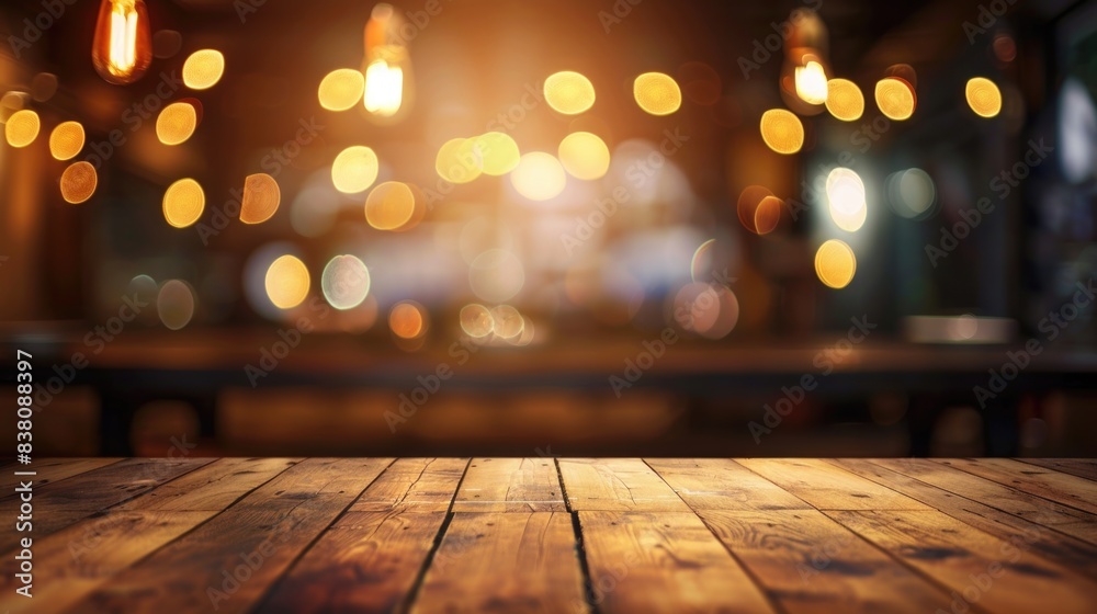Background Restaurant. Empty Wood Table Top on Blurred Light Gold Bokeh of Cafe in Dark Background Background Restaurant. Empty Wood Table Top on Blurred Light Gold Bokeh of Cafe in Dark Background
