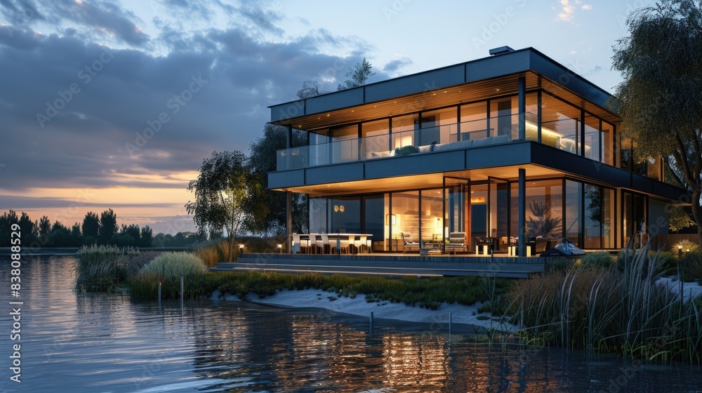 Contemporary House. Beautiful Blue Chalet Architecture by the River at Evening Contemporary House. Beautiful Blue Chalet Architecture by the River at Evening