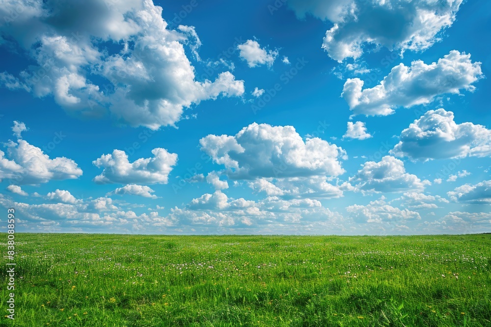 Blue Sky Over Grassy Meadow with Clouds. Natural Landscape with Green Grass Blue Sky Over Grassy Meadow with Clouds. Natural Landscape with Green Grass