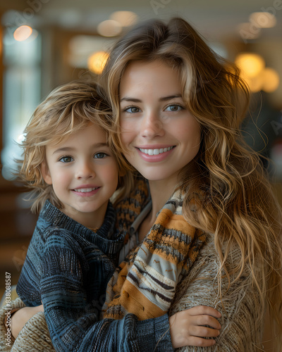 Smiling blonde mother and son embracing indoors © jay juan