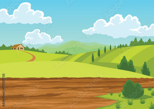 Agriculture farming landscape. Countryside land. Plowing the field on rural landscape background. Farm life, soil cultivation. Vector cartoon illustration