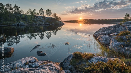Finland's archipelago at midnight, Generative AI.
