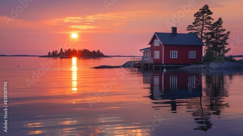 Finland's archipelago at midnight, Generative AI.