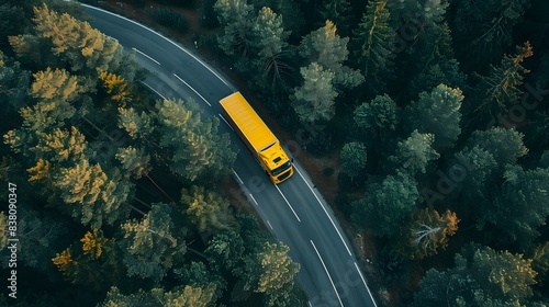 Arial view of heavy truck on a narrow twisting road.