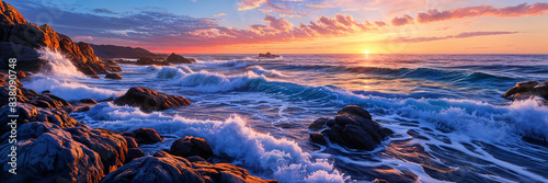 A beautiful beach scene at sunset, with the ocean and sky painted in shades of blue and orange.