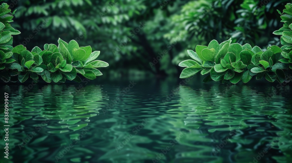 A close up of a pond with green leaves and water, AI A close up of a pond with green leaves and water, AI