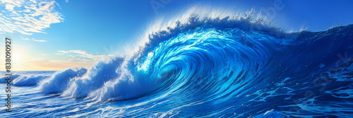 A large, blue wave crashing onto the shore under a clear sky.