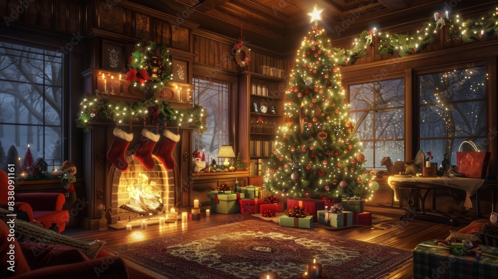 Fototapeta premium Interior christmas. magic glowing tree, fireplace, gifts.