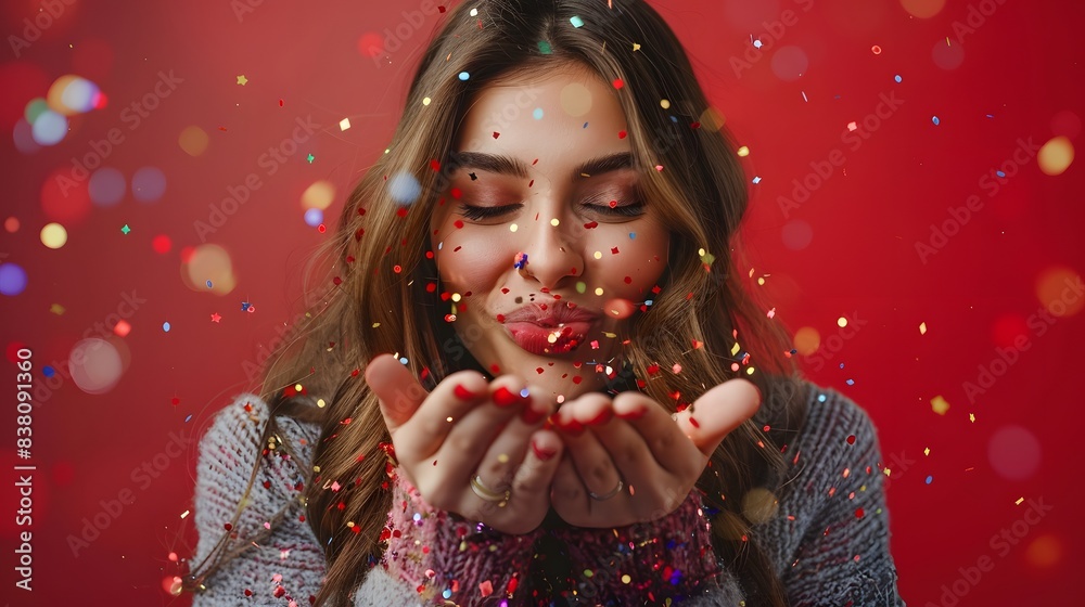 People, holidays, emotion and glamour concept. Happy young woman confetti against red studio wall banner background People, holidays, emotion and glamour concept. Happy young woman confetti against red studio wall banner background