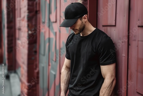 guy with a black baseball cap and a black t-shirt, Generative AI.