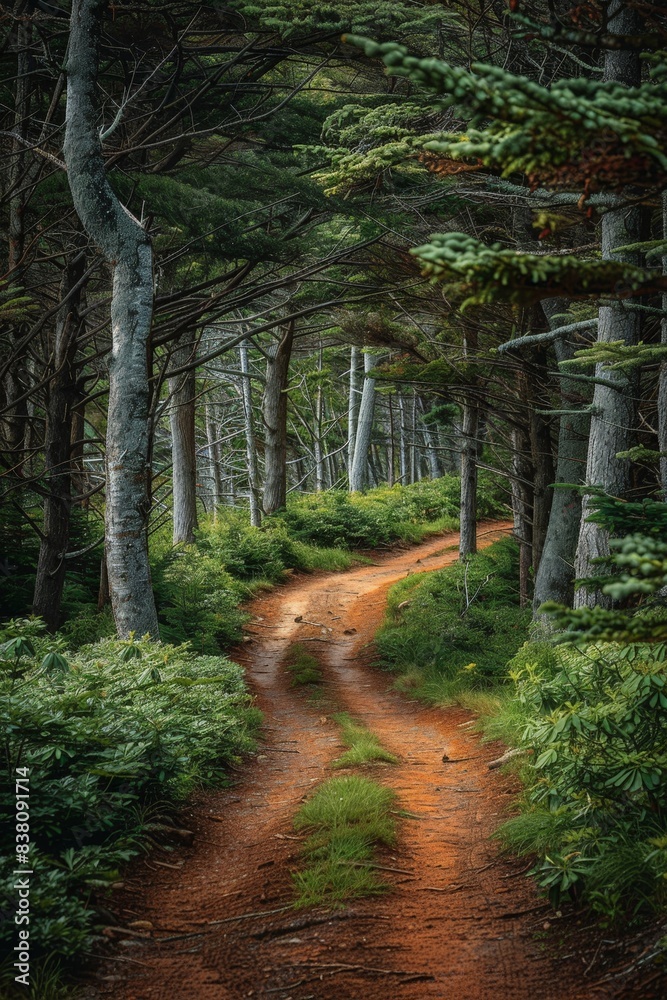 Naklejka premium Serene Forest Pathway with Lush Greenery and Tall Trees on a Tranquil Day, Perfect for Nature Walks, Hiking, and Outdoor Adventures in a Peaceful Woodland Setting