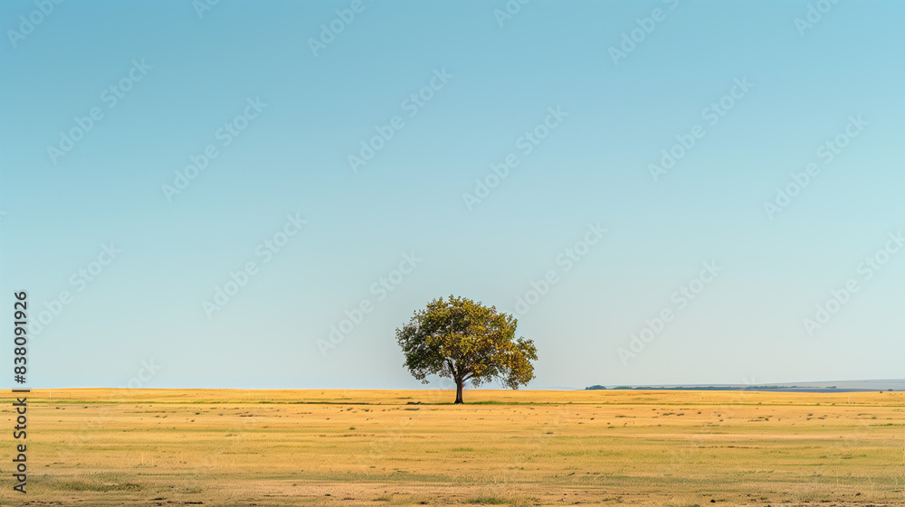 Obraz premium A single tree standing alone in a vast open field with a clear cloudless sky