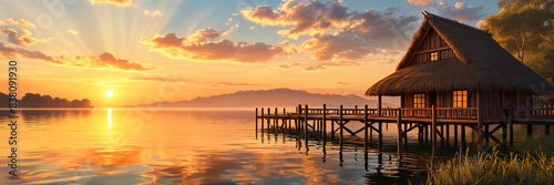 A serene sunset scene with a small wooden hut on the shore of a lake  surrounded by nature and tranquility.