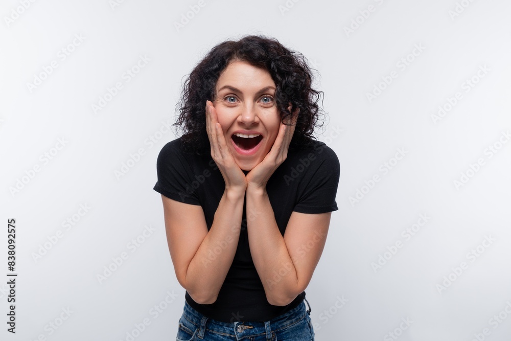 Portrait of a smiling woman with a bioperm dressed in a black T-shirt Portrait of a smiling woman with a bioperm dressed in a black T-shirt