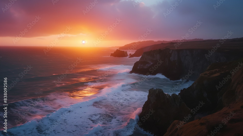 A dramatic seascape at dusk, with powerful waves crashing against rugged cliffs and the sky painted in hues of orange