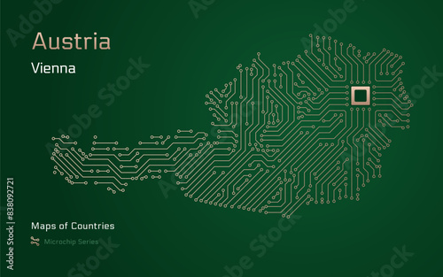 Austria Map with a capital of Vienna Shown in a Microchip Pattern with processor. E-government. World Countries vector maps. Microchip Series	