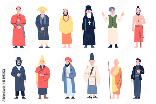 Religion characters. Men in priesthood, different churches leaders and monks. Christian muslim judaism and buddhism male, religious recent vector set
