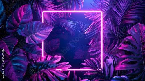 An elegant square frame design with an abstract neon background and tropical leaves