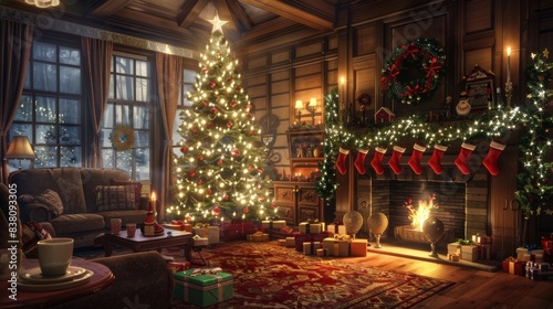 Interior christmas. magic glowing tree, fireplace, gifts.