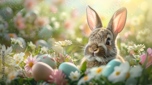Illustrate an Easter banner with a charming bunny head peeking out of a hole © MAY