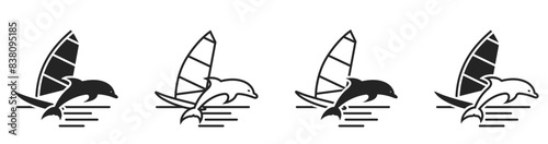 sea vacation, summer and water activity icons. windsurfing and dolphin. isolated vector images for tourism design