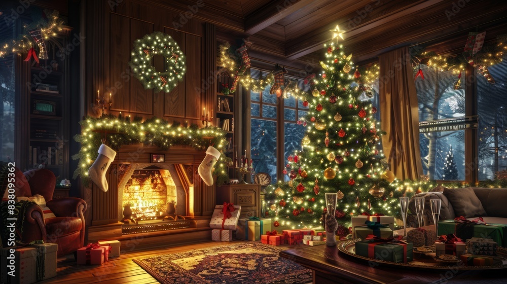 Interior christmas. magic glowing tree, fireplace, gifts. Interior christmas. magic glowing tree, fireplace, gifts.