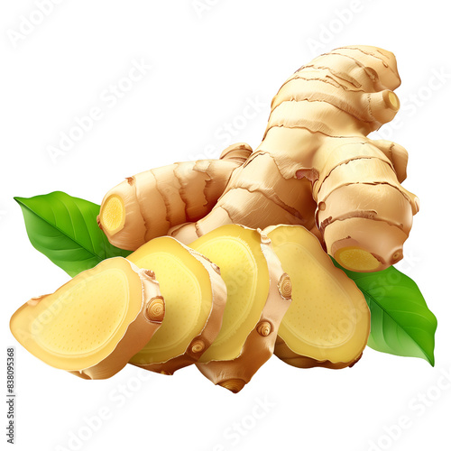 Fresh Ginger Root and Slices With Green Leaves, Isolated on a Transparent Background, Graphic Resource photo