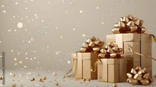 4 gift boxes with golden bows and ribbons on the right side of the picture, beige background, scattered small gold lights, pure white space in the middle left position of the screen.