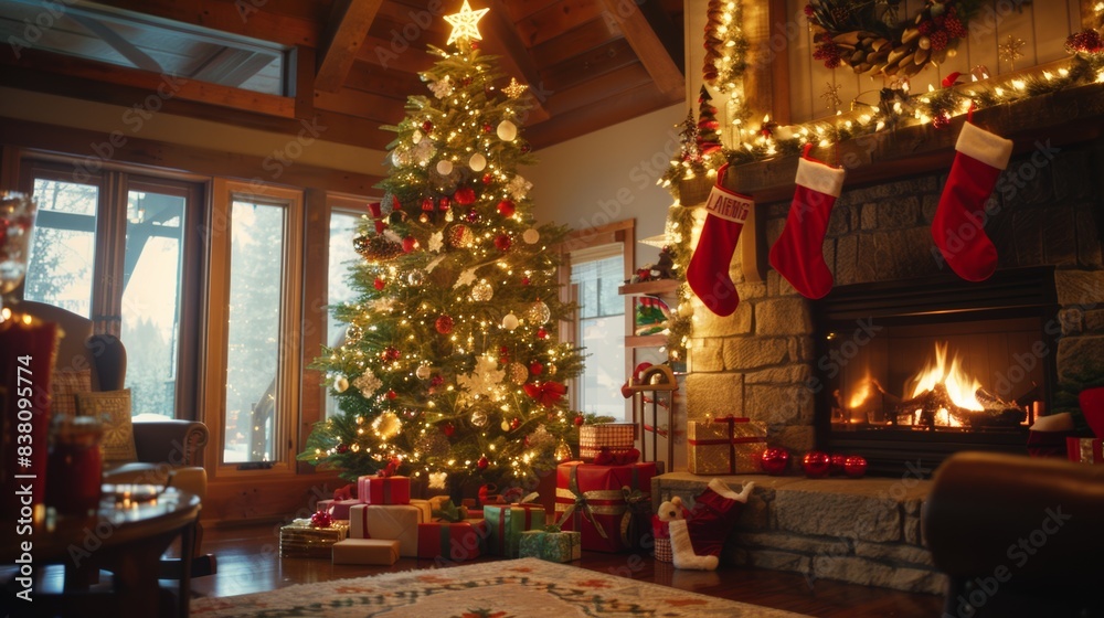 Interior christmas. magic glowing tree, fireplace, gifts.