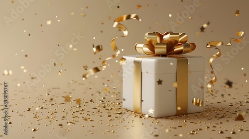 A gift box with ribbon and confetti isolated on a beige background, with a golden color theme, in a minimalistic style, with soft lighting, in a high resolution photograph. © horizor