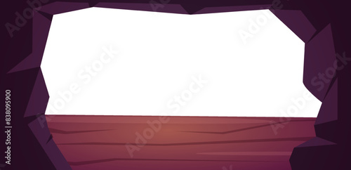 Cartoon stone cave in mountain or rock. Underground tunnel frame with empty space. Mine or cavern or dungeon entrance nowaday vector banner