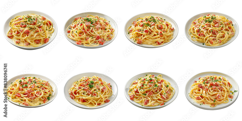 Collection of Spaghetti Carbonara On A Plate isolated on transparent png background. Generative ai Collection of Spaghetti Carbonara On A Plate isolated on transparent png background. Generative ai