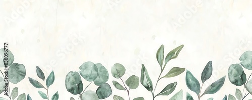 A light watercolor background with eucalyptus leaves forming a horizontal line across the bottom, offering free copy space above for text