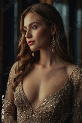 A romantic woman wearing an evening dress with a deep neckline.
