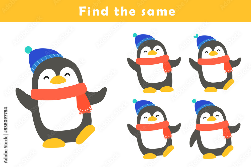Obraz premium Find same picture worksheet for kids. Worksheet for kids kindergarten, preschool and school age. Education game for children with cute penguin illustration.