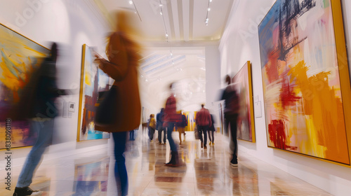 defocused blured concept of advertising an art gallery. Blurred motion of people visiting art gallery they walking along the hall among paintings on the wall photo