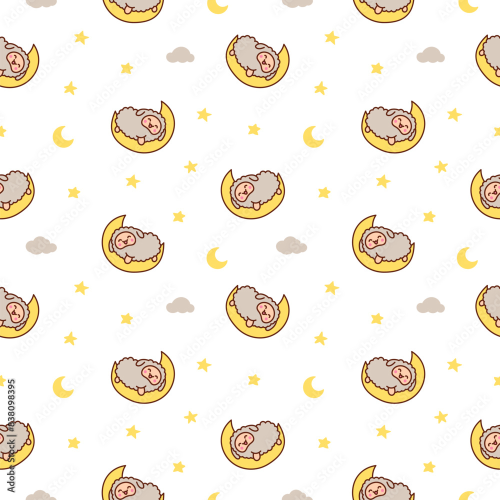 Cute kawaii little sheep. Seamless pattern. Smiling nice animal character. Hand drawn style. Vector drawing. Design ornaments.
