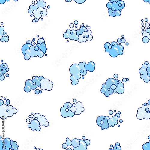 Foam made of soap or clouds. Seamless pattern. Bubbles of different shapes. Hand drawn style. Vector drawing. Design ornaments.