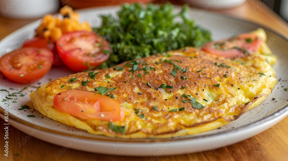 A golden omelette with tomato slices, beautifully arranged on the plate, ready to be served for breakfast or lunch. offering you the best morning meal experience. A golden omelette with tomato slices, beautifully arranged on the plate, ready to be served for breakfast or lunch. offering you the best morning meal experience.