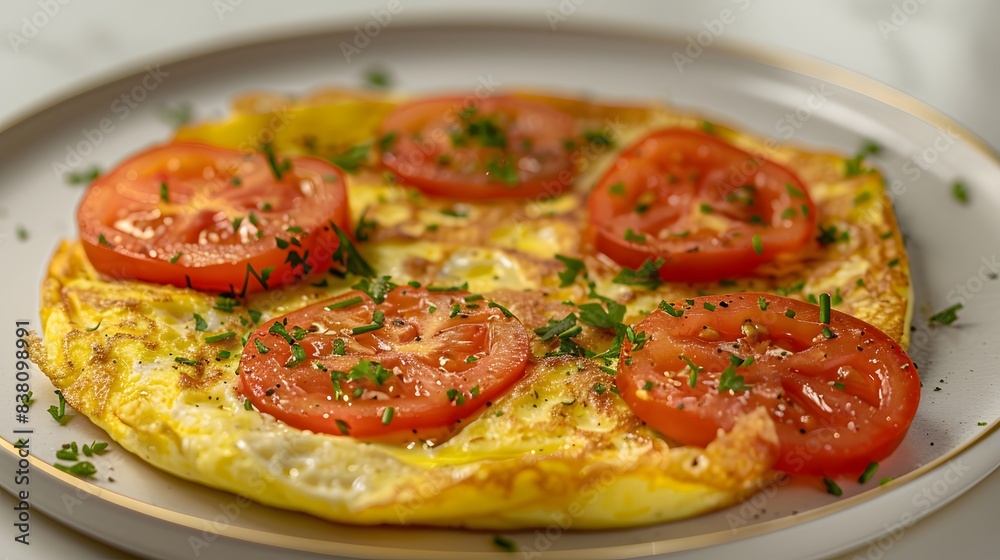 A golden omelette with tomato slices, beautifully arranged on the plate, ready to be served for breakfast or lunch. offering you the best morning meal experience. A golden omelette with tomato slices, beautifully arranged on the plate, ready to be served for breakfast or lunch. offering you the best morning meal experience.