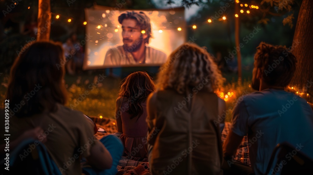 A group of friends watching an outdoor movie at the park, surrounded by nature and fairy lights.