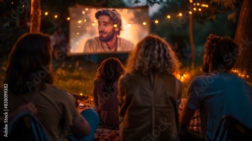 A group of friends watching an outdoor movie at the park  surrounded by nature and fairy lights.
