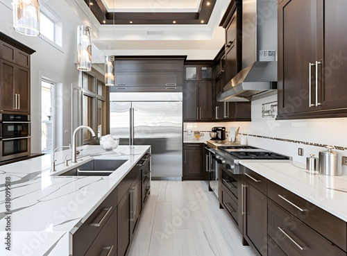 Modern kitchen with dark wood cabinets