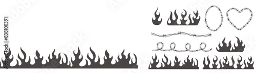 Set Wire Barb heart, oval frame y2k tattoo border, flame silhouette gothic spiky punk print neo tribal isolated on white background. Barbwire emo boundary heart shape.
