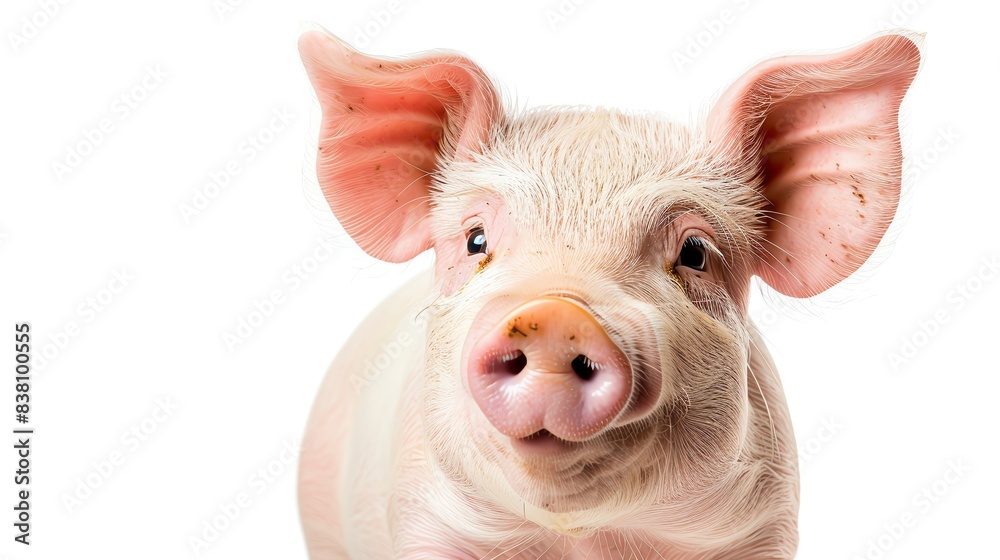 Fototapeta premium Close-up of a cute piglet against a white background. Young pig looking curious and playful, captured with soft lighting.