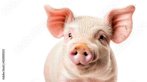 Close-up of a cute piglet against a white background. Young pig looking curious and playful, captured with soft lighting.