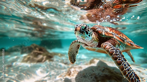Serene turtle with a gentle turquoise aura swimming in clear water photo