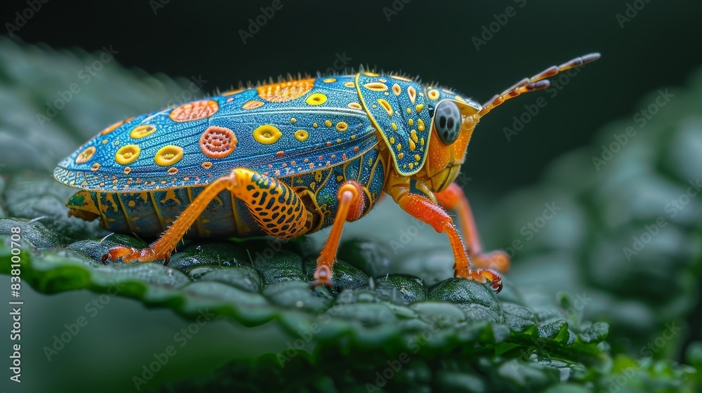 Close-up of a vibrantly colored insect with intricate patterns on a leaf, showcasing nature's beauty in vivid detail. Close-up of a vibrantly colored insect with intricate patterns on a leaf, showcasing nature's beauty in vivid detail.