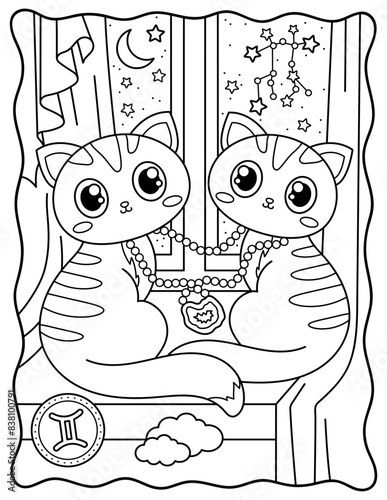 Kawaii cats, gemini, zodiac sign, cute kittens. Cute characters. Coloring page, page, book, black and white vector illustration.